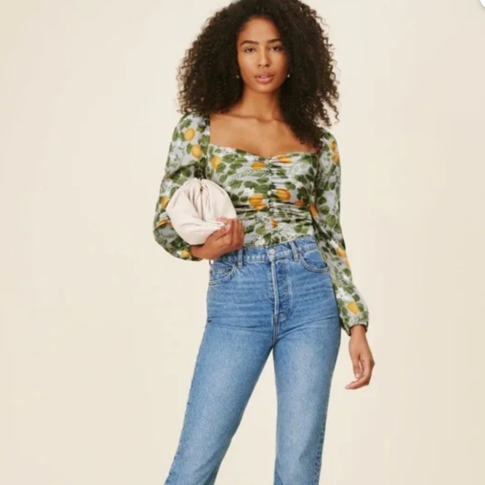 Reformation Green and Gold/Orange Puff Sleeve Ruched Sweetzer Blouse